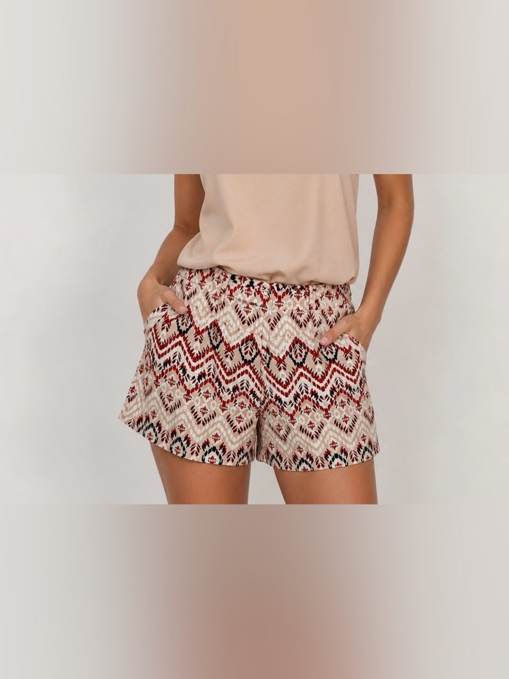 Ann Taylor Beige Red Black Printed Waistband Shorts
